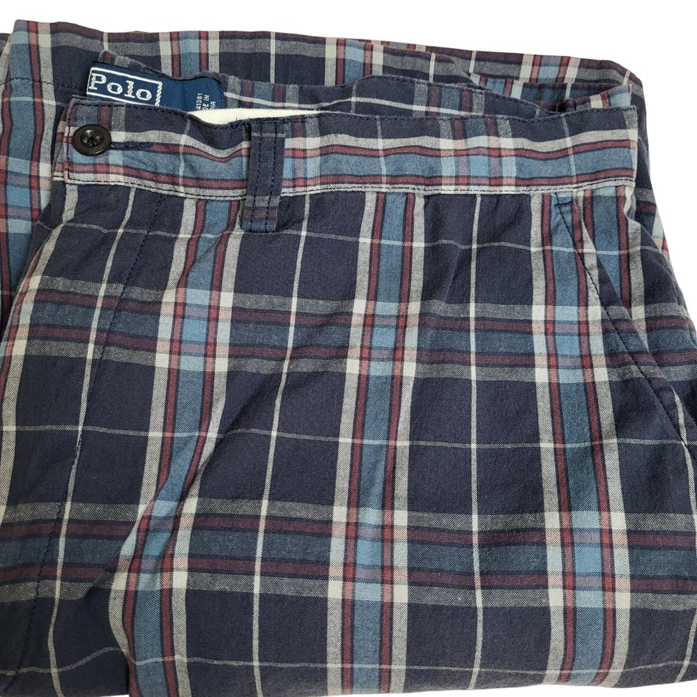 Polo‎ Ralph Lauren Mens Size 34 Plaid Shorts Casual Bermuda Blue Red Cotton FLAW